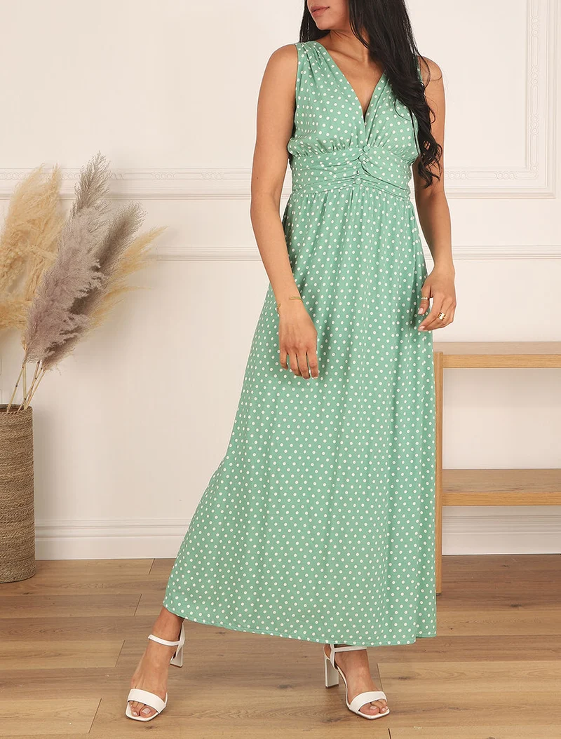 Robe longue à pois sans manches - Vert d'eau