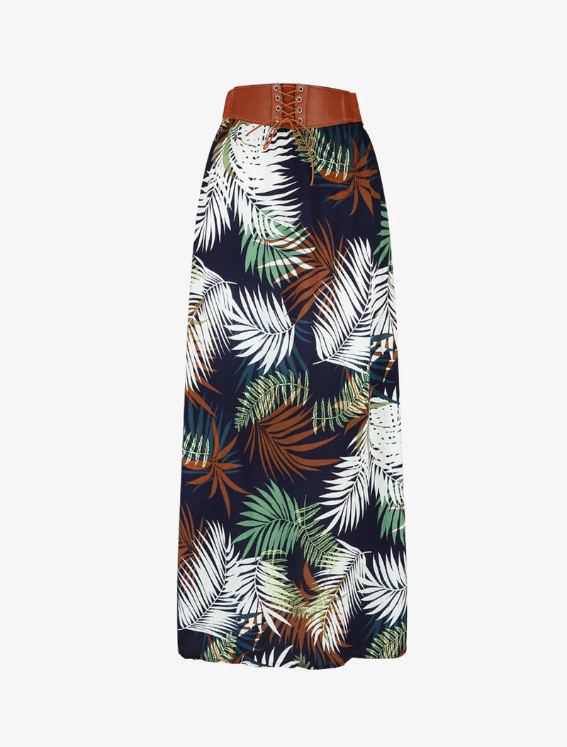 Jupe longue évasée imprimé tropical - Marine