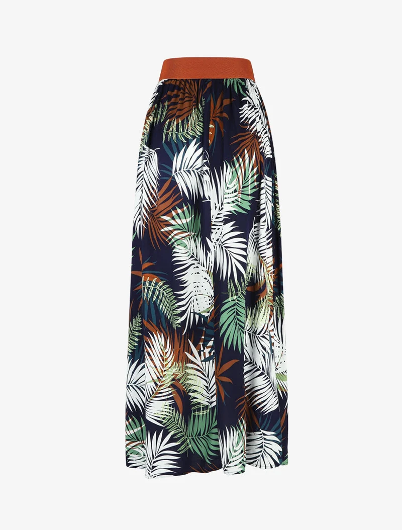 Jupe longue évasée imprimé tropical - Marine