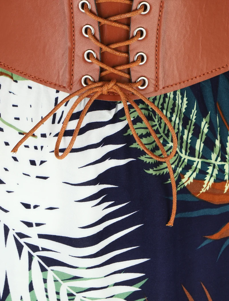 Jupe longue évasée imprimé tropical - Marine