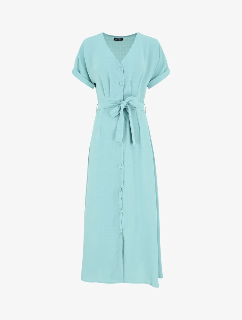 Robe longue unie ceinturée - Turquoise