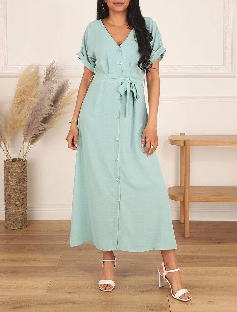 Robe longue unie ceinturée - Turquoise