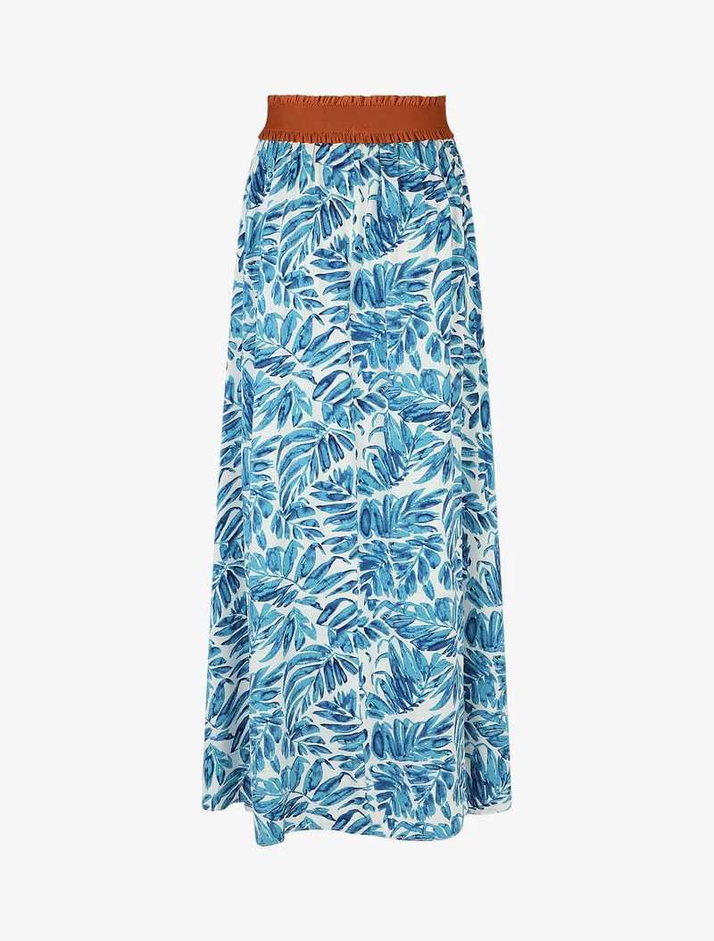Jupe longue évasée imprimé feuilles - Bleu