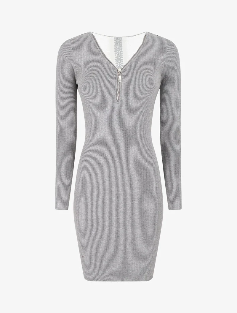Robe pull côtelé à dos ajouré - Gris clair