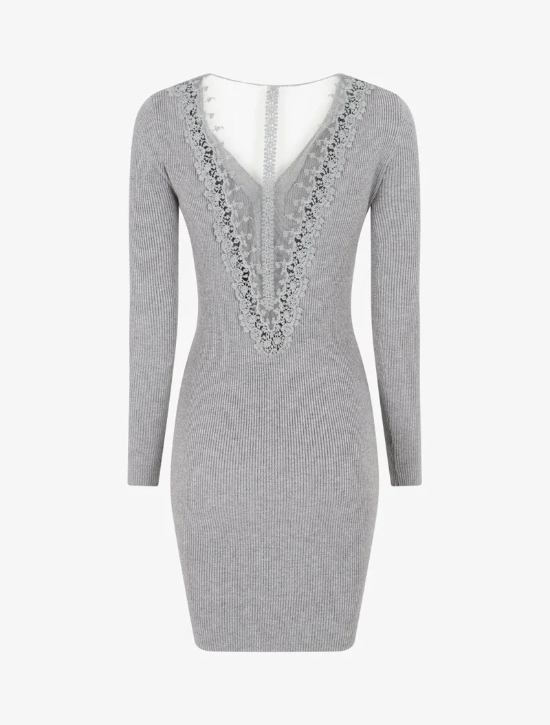 Robe pull côtelé à dos ajouré - Gris clair