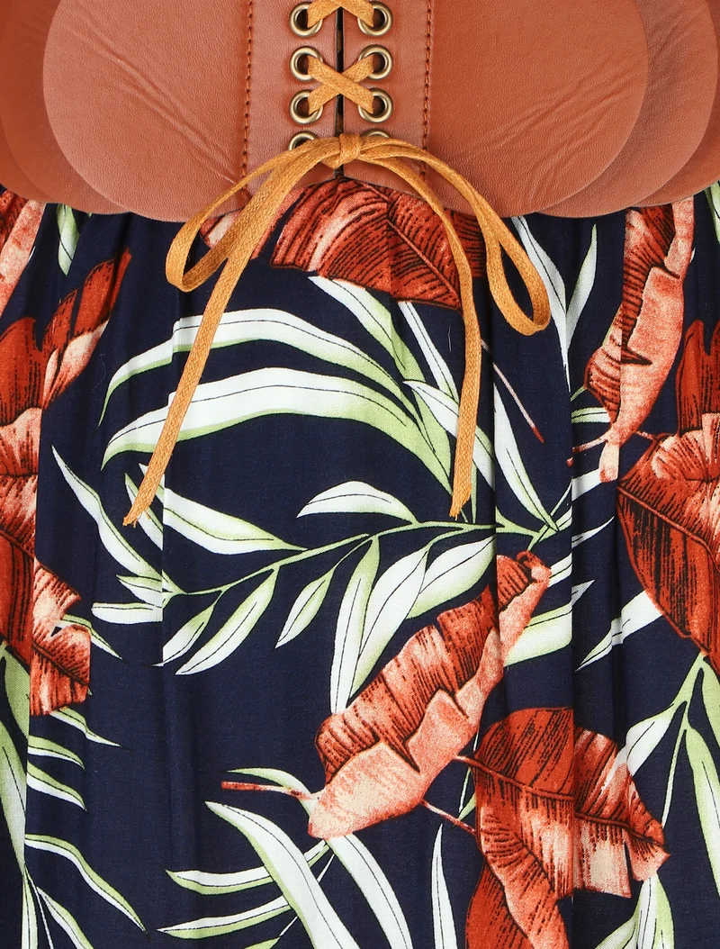 Jupe imprimée à taille haute ceinture stylisée - Marine