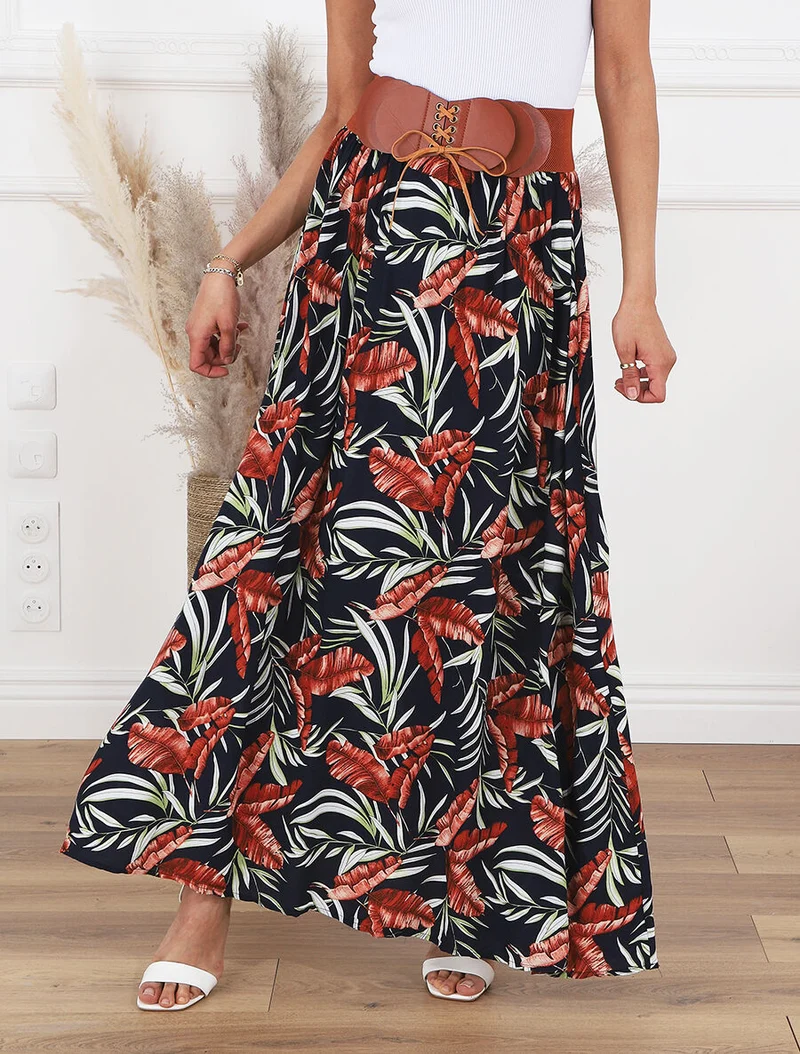 Jupe imprimée à taille haute ceinture stylisée - Marine