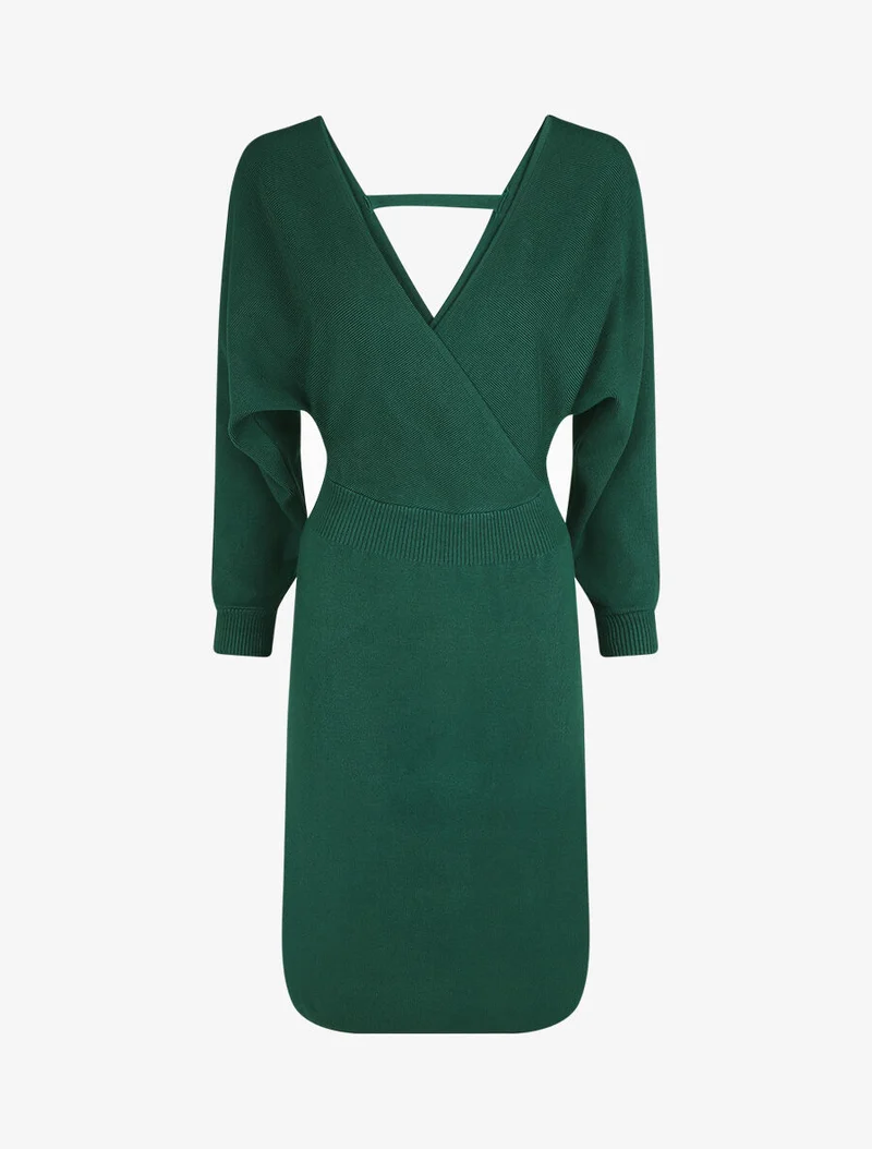 Robe ajustée unie col cache-coeur - Vert foncé