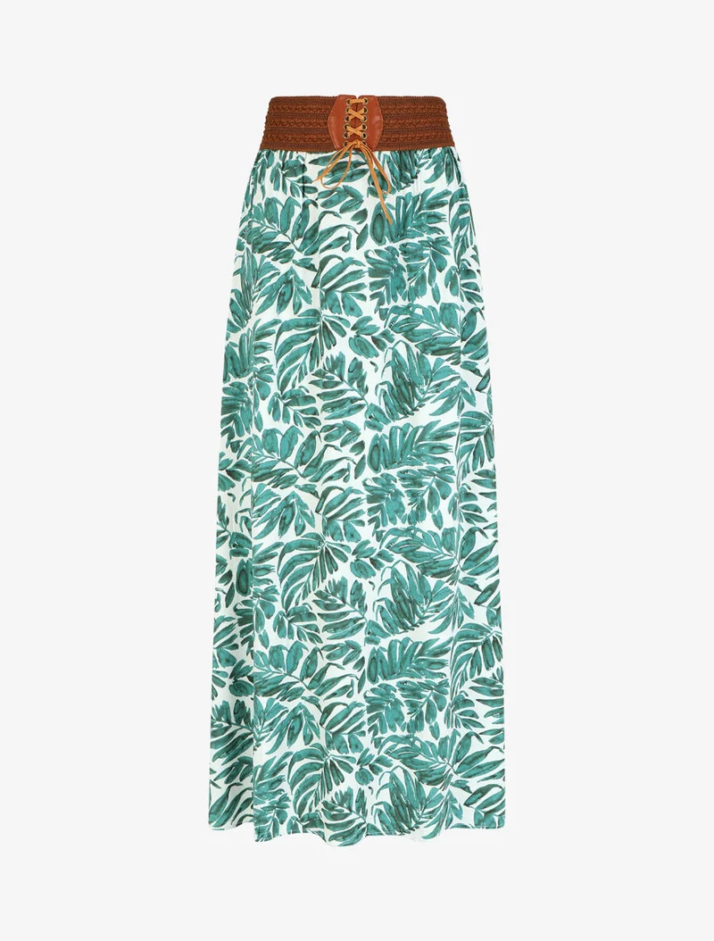 Jupe longue évasée imprimé feuilles - Vert