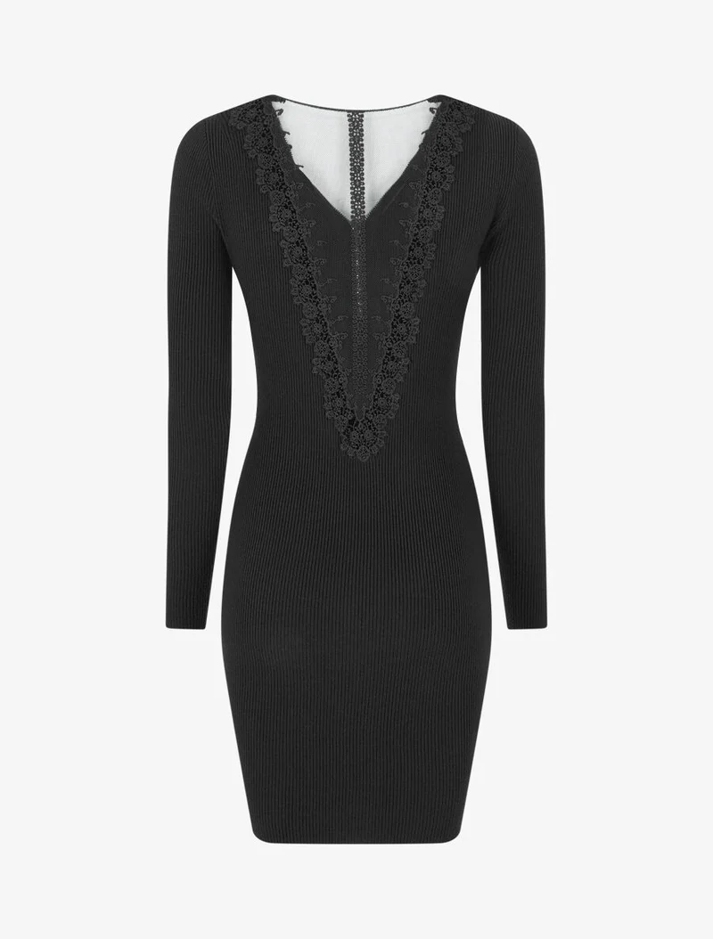 Robe pull côtelé à dos ajouré - Noir