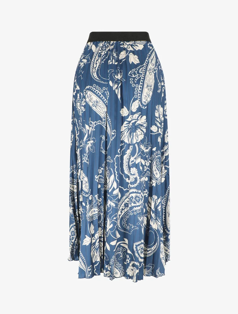 Jupe longue plissée imprimé foulard - Bleu