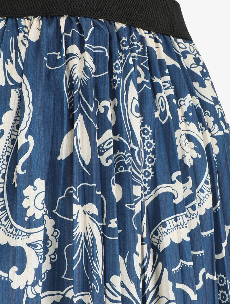 Jupe longue plissée imprimé foulard - Bleu