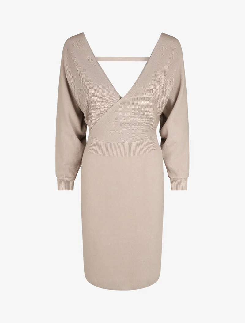 Robe ajustée unie col cache-coeur - Taupe