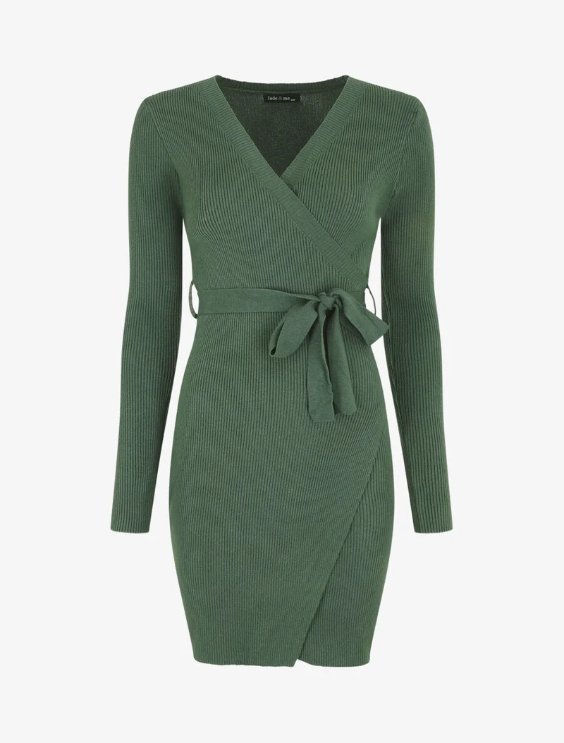 Robe moulante côtelée style cache-coeur - Vert