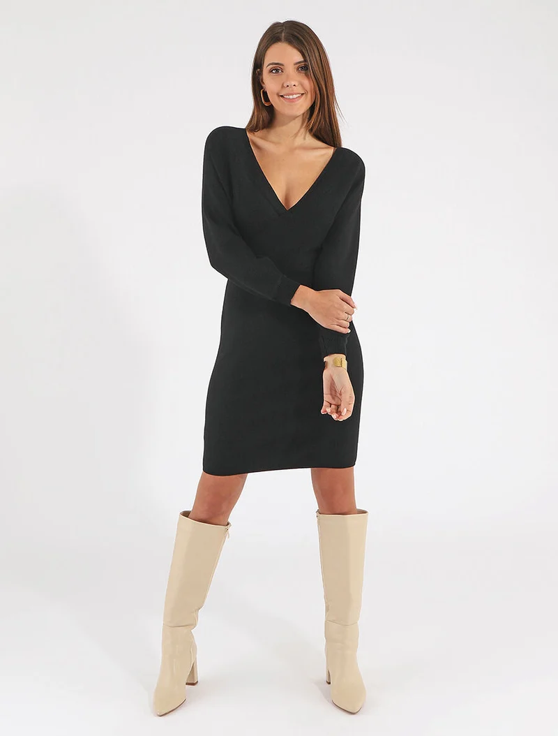Robe ajustée unie col cache-coeur - Noir