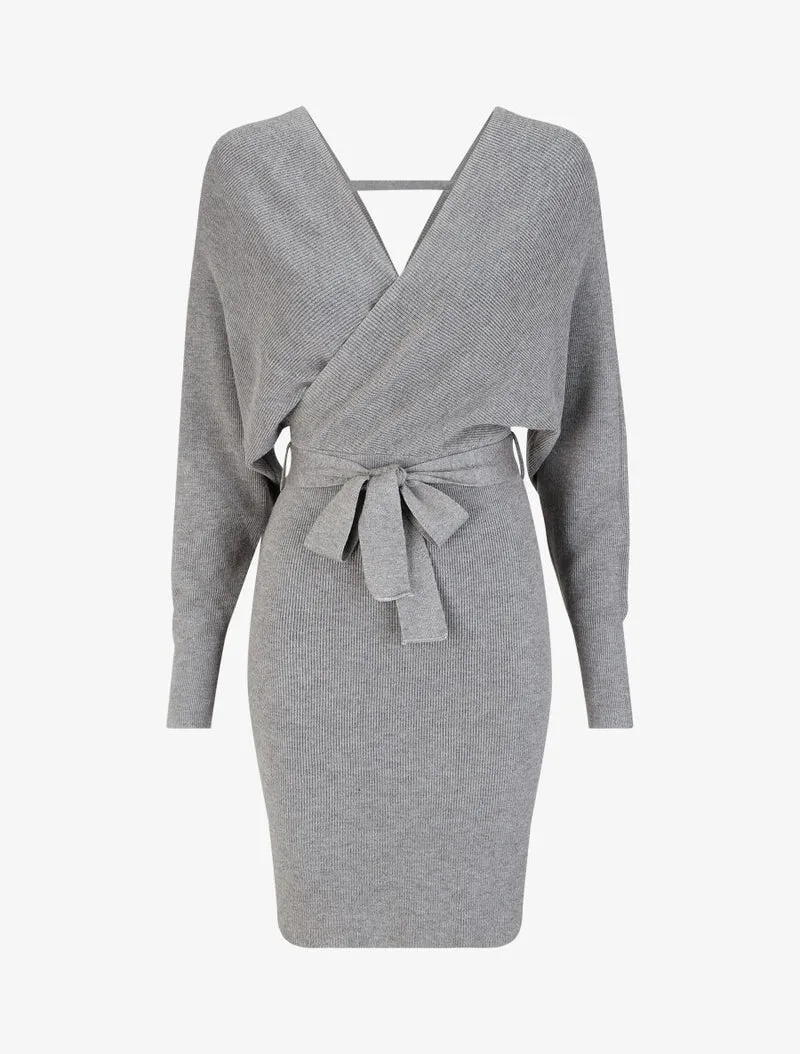 Robe mi-longue en maille à manches longues - Gris