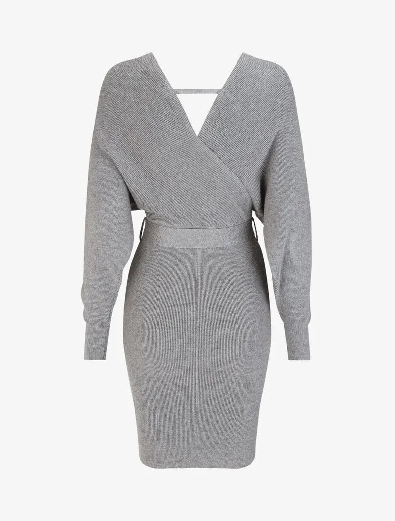 Robe mi-longue en maille à manches longues - Gris