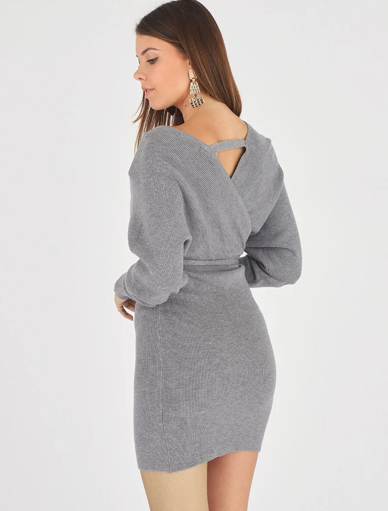 Robe mi-longue en maille à manches longues - Gris