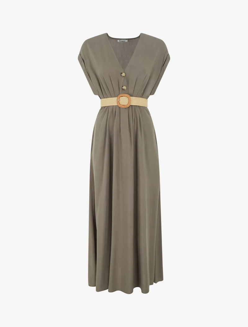 Robe longue unie élastiquée - Kaki