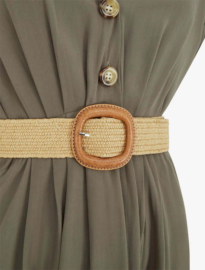 Robe longue unie élastiquée - Kaki