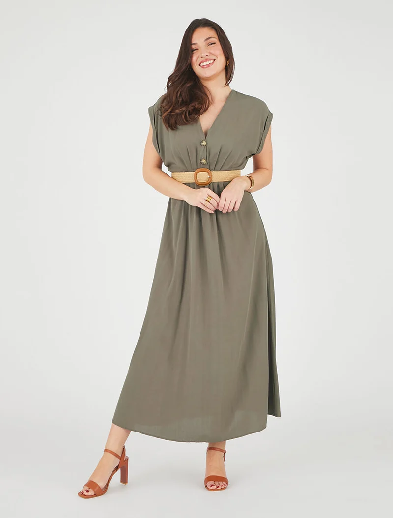 Robe longue unie élastiquée - Kaki