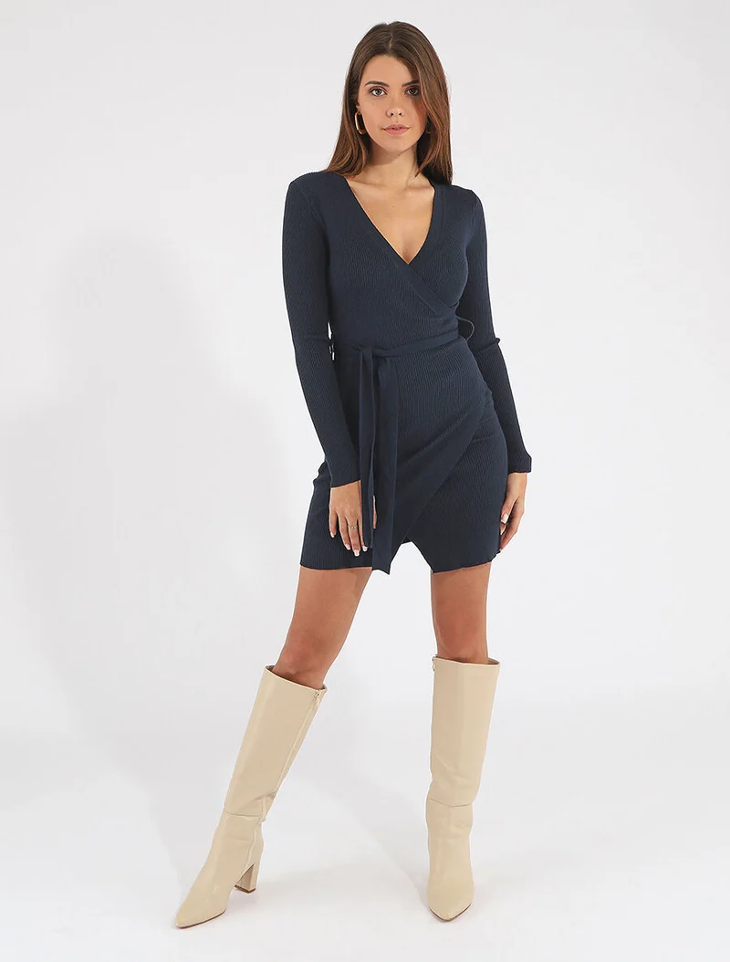 Robe moulante côtelée style cache-coeur - Marine