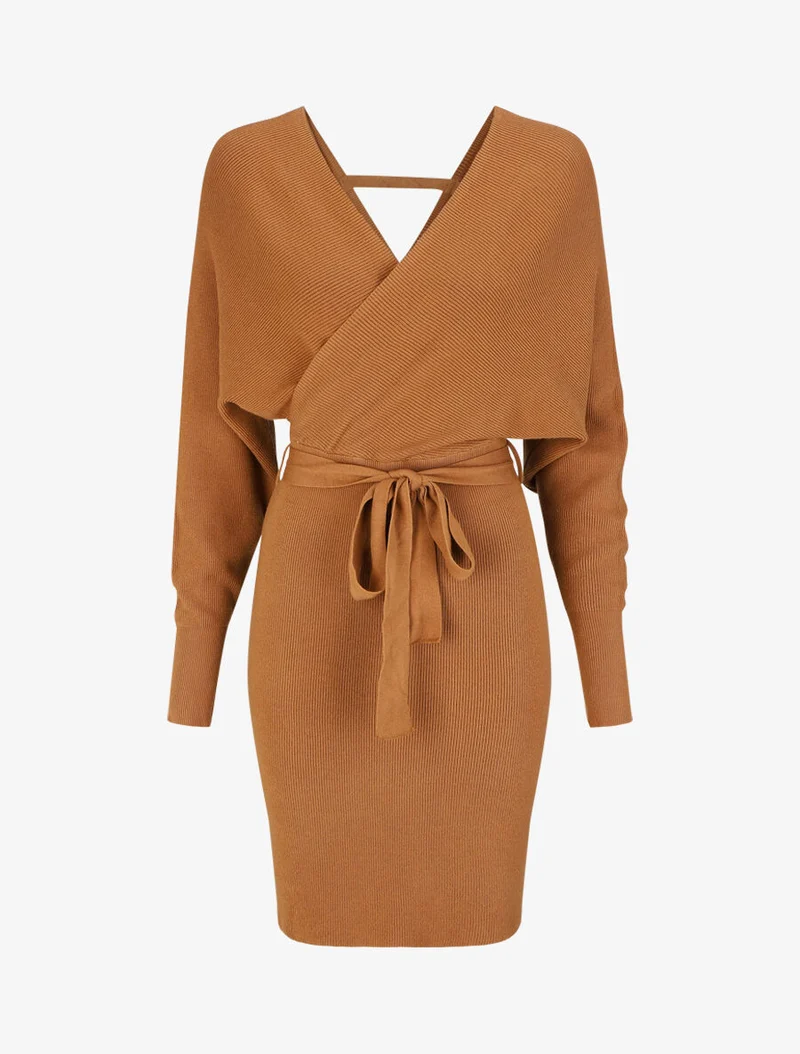 Robe mi-longue en maille à manches longues - Camel