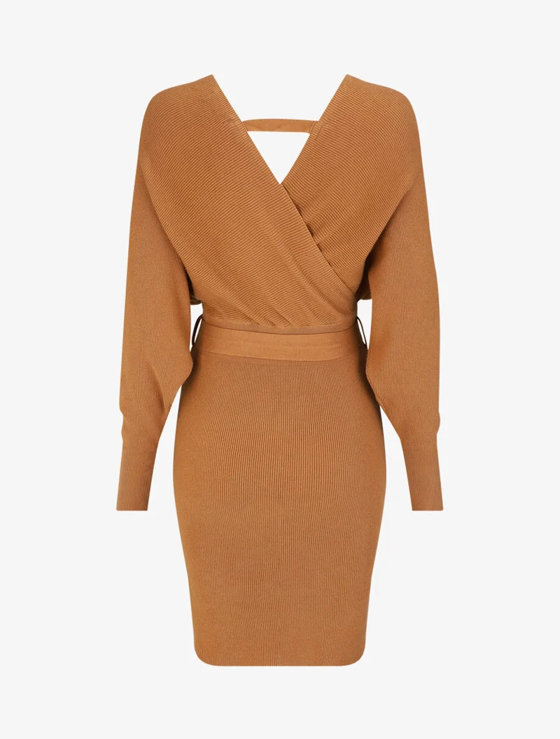 Robe mi-longue en maille à manches longues - Camel