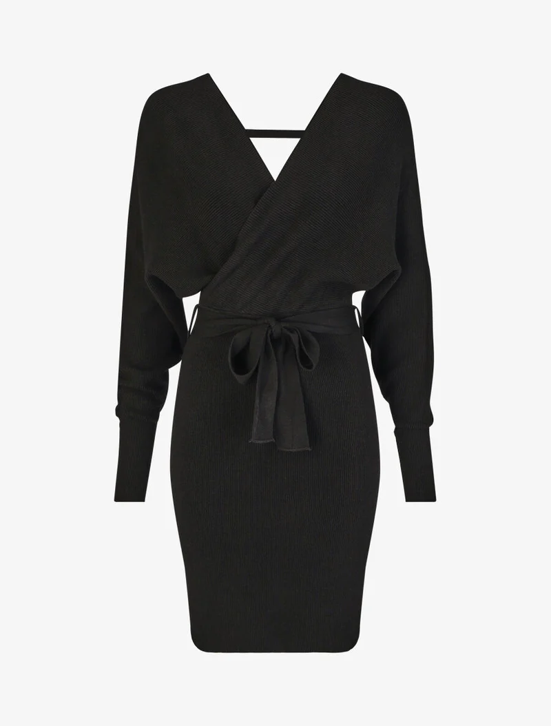 Robe mi-longue en maille à manches longues - Noir