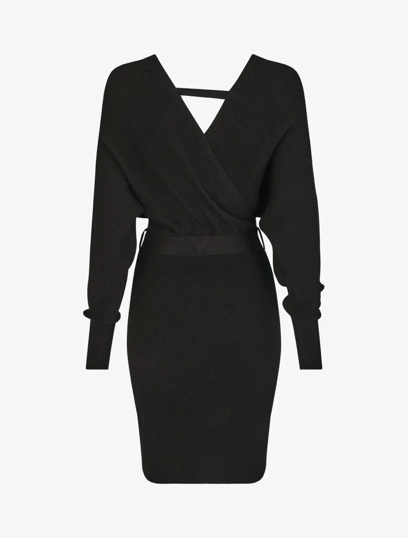 Robe mi-longue en maille à manches longues - Noir