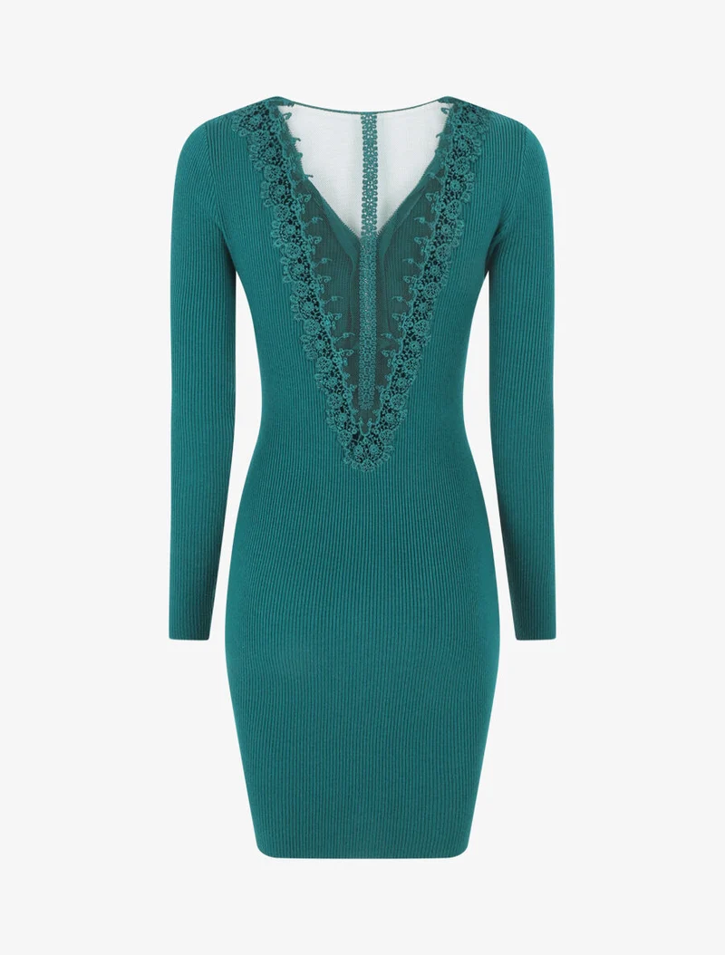 Robe pull côtelé à dos ajouré - Vert