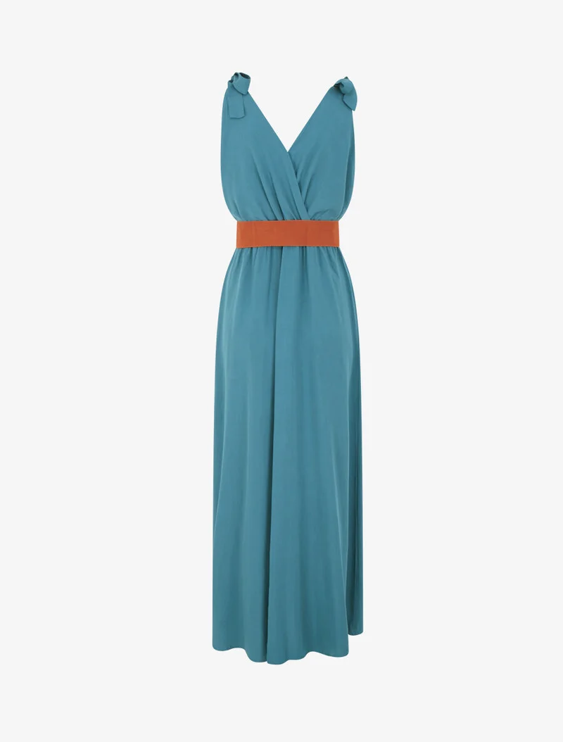 Robe longue à nœuds sur les épaules - Bleu canard