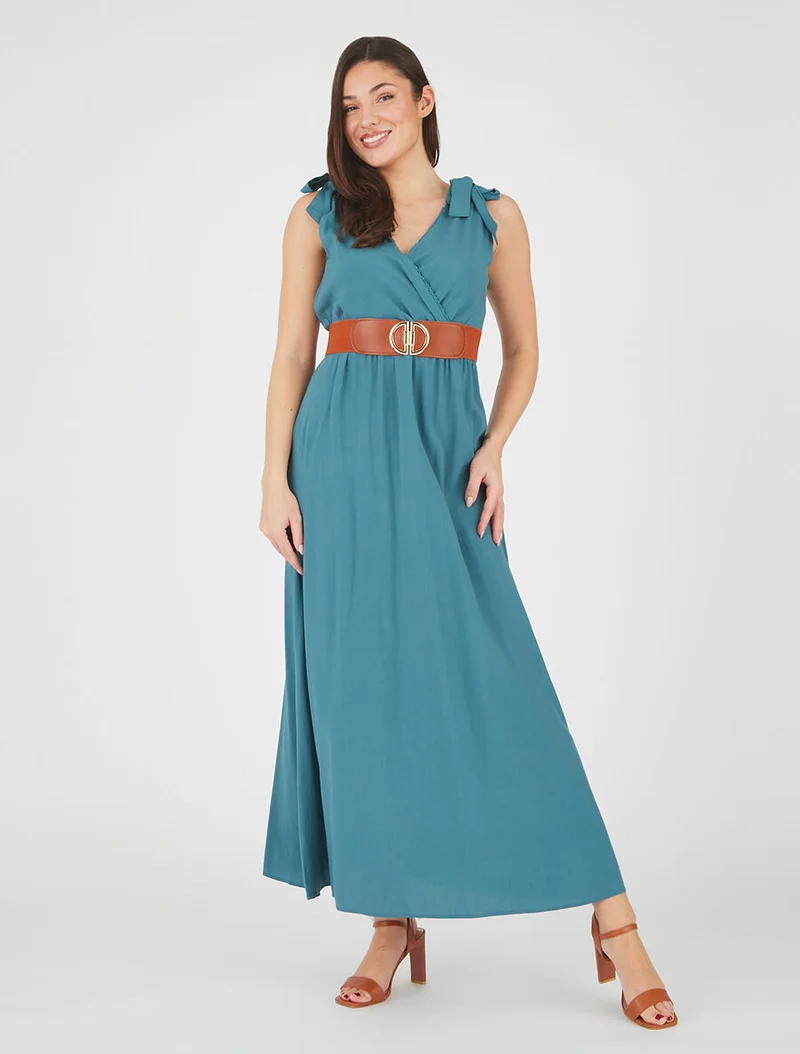 Robe longue à nœuds sur les épaules - Bleu canard