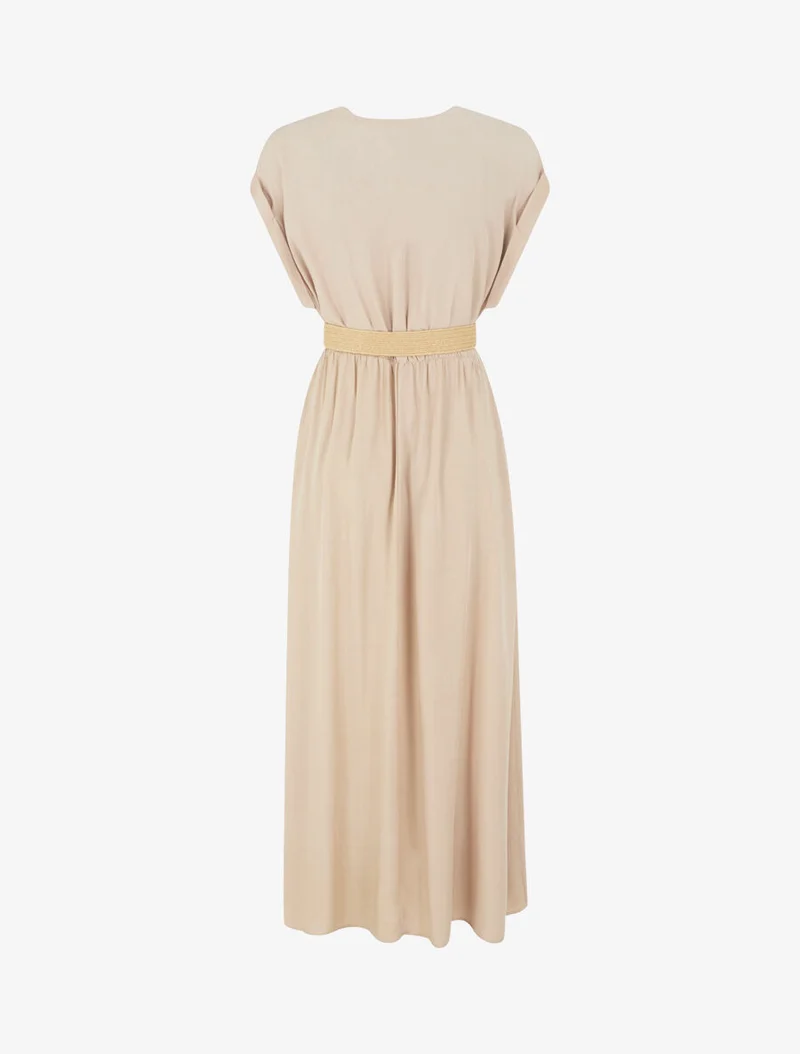 Robe longue unie élastiquée - Beige