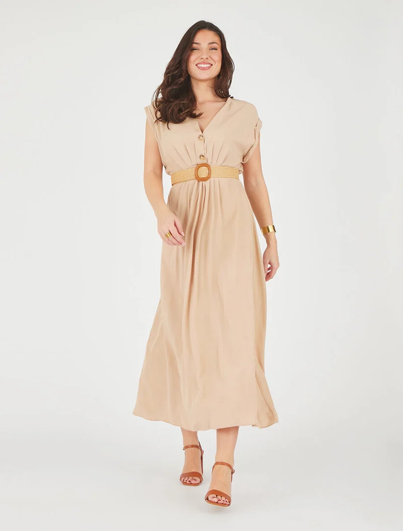 Robe longue unie élastiquée - Beige
