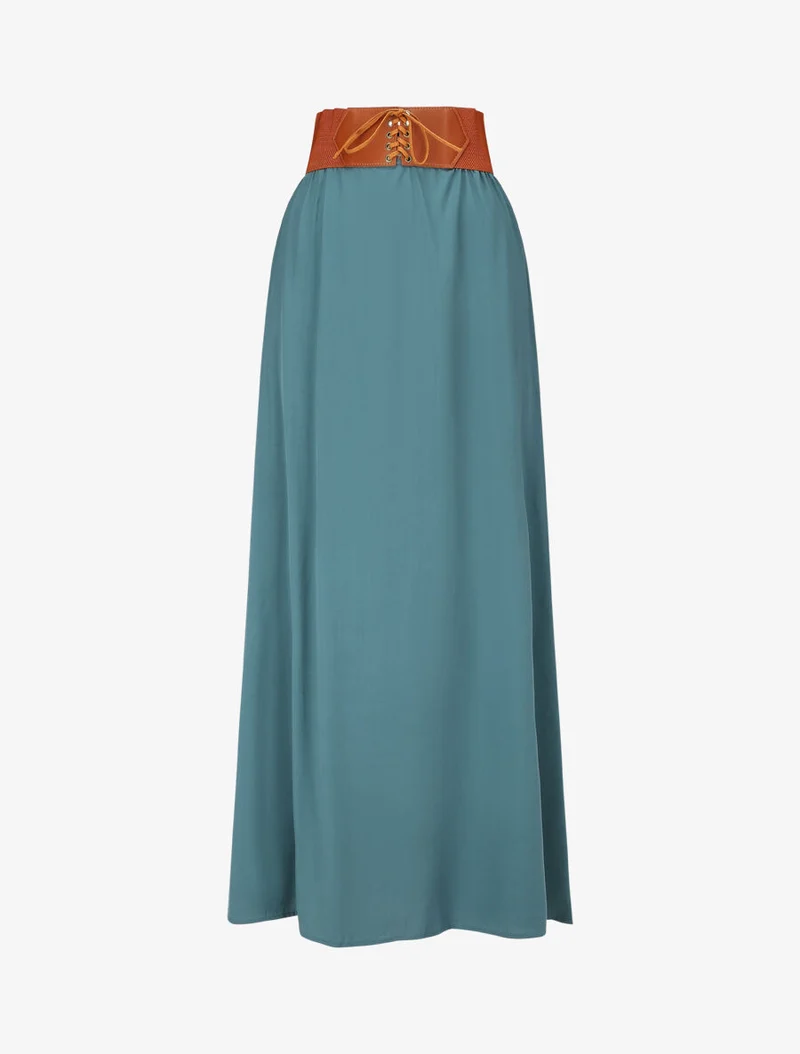 Jupe longue unie à taille élastiquée - Bleu canard