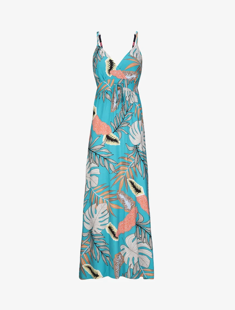 Robe longue empire imprimé plantes tropicales à bretelles - Bleu turquoise