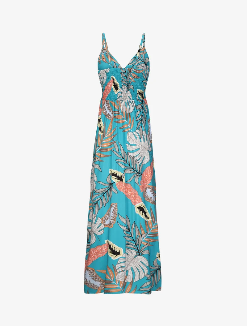 Robe longue empire imprimé plantes tropicales à bretelles - Bleu turquoise