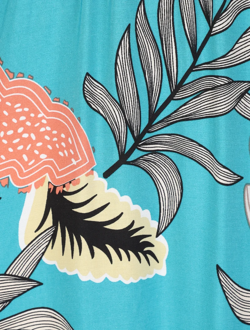 Robe longue empire imprimé plantes tropicales à bretelles - Bleu turquoise