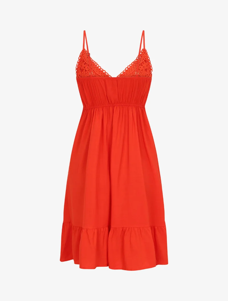 Robe courte à bretelles et dentelle - Corail