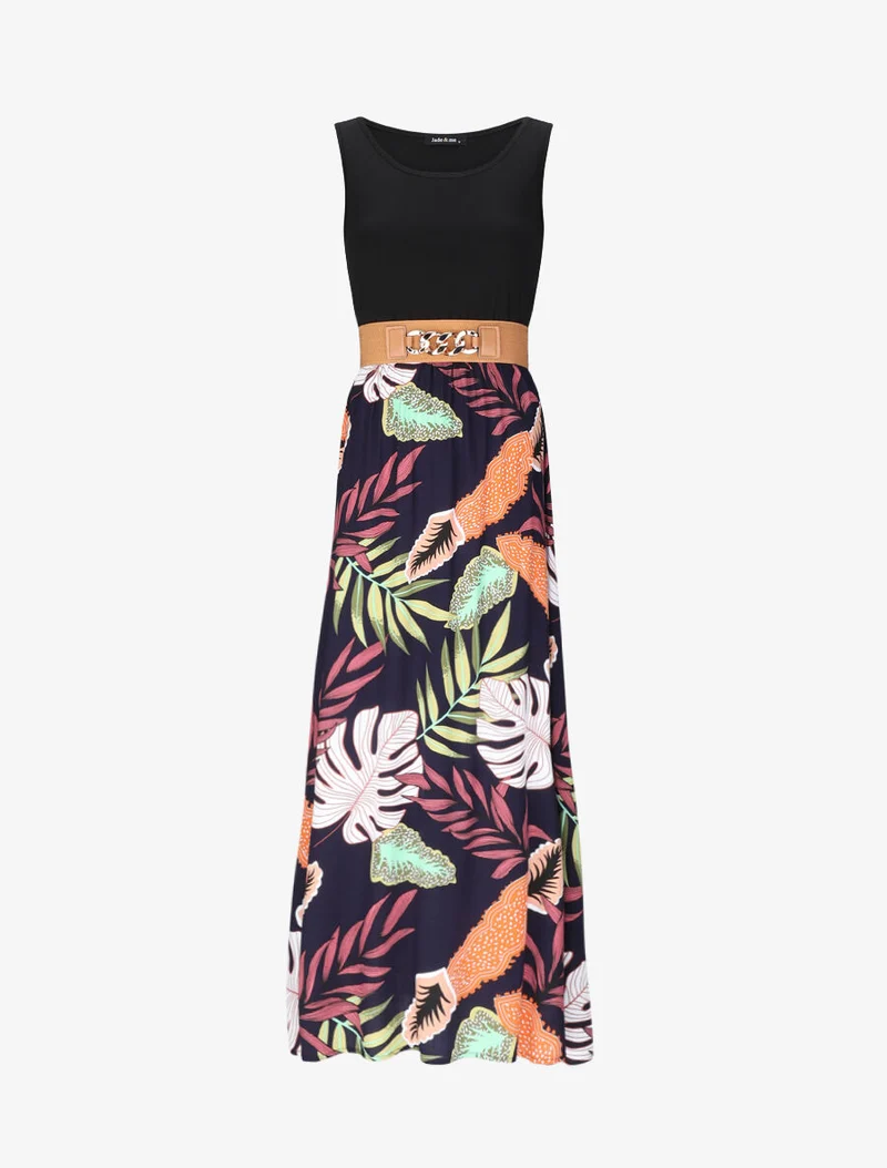 Robe longue patineuse bi-matière imprimé tropique - Marine