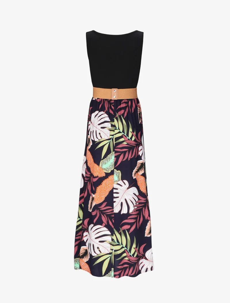 Robe longue patineuse bi-matière imprimé tropique - Marine