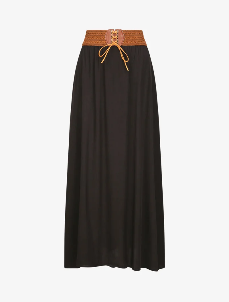 Jupe longue unie à taille haute contrastante - Noir