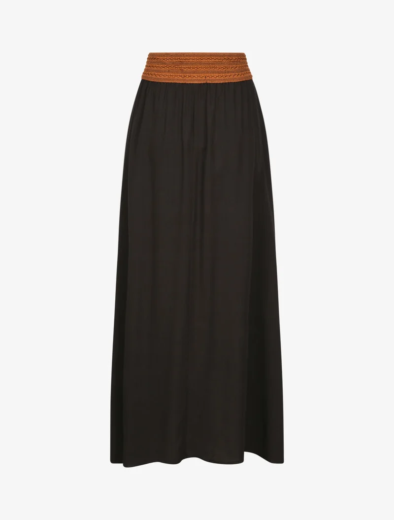 Jupe longue unie à taille haute contrastante - Noir