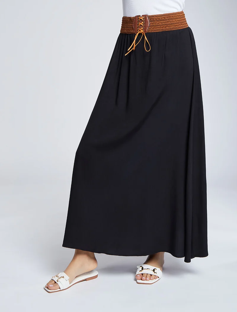 Jupe longue unie à taille haute contrastante - Noir