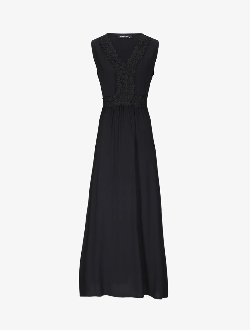 Robe longue évasée unie à col en crochet - Noir