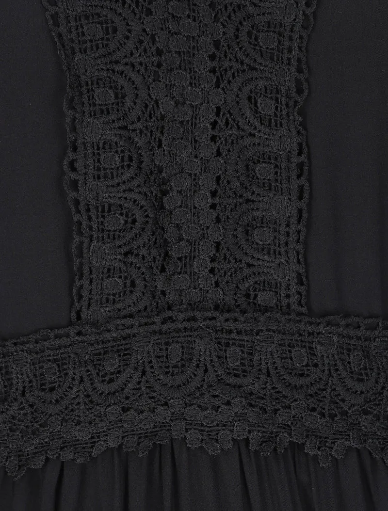Robe longue évasée unie à col en crochet - Noir