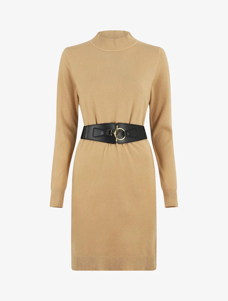 Robe pull courte à col montant - Camel