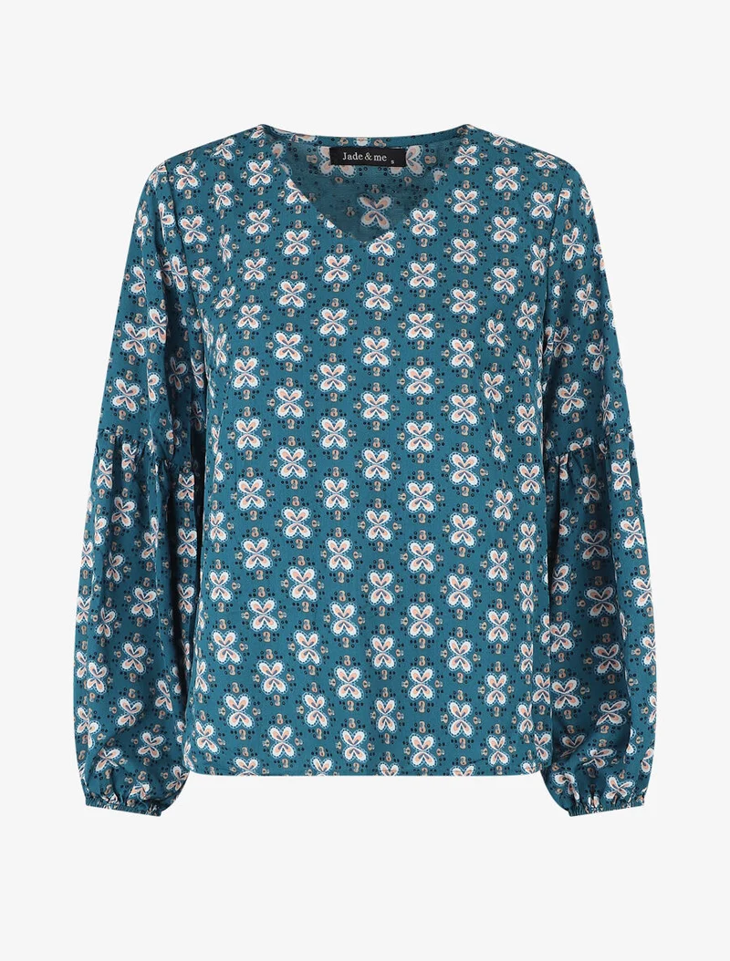Top ample col V à fleurs - Bleu canard