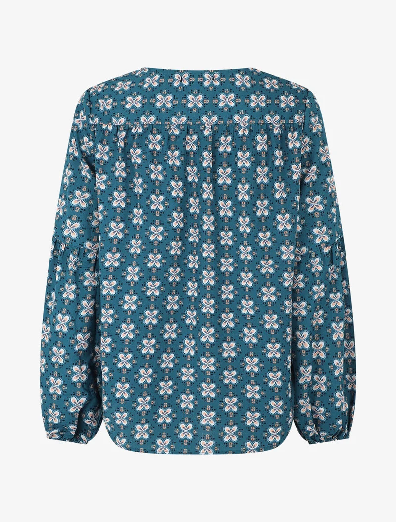 Top ample col V à fleurs - Bleu canard